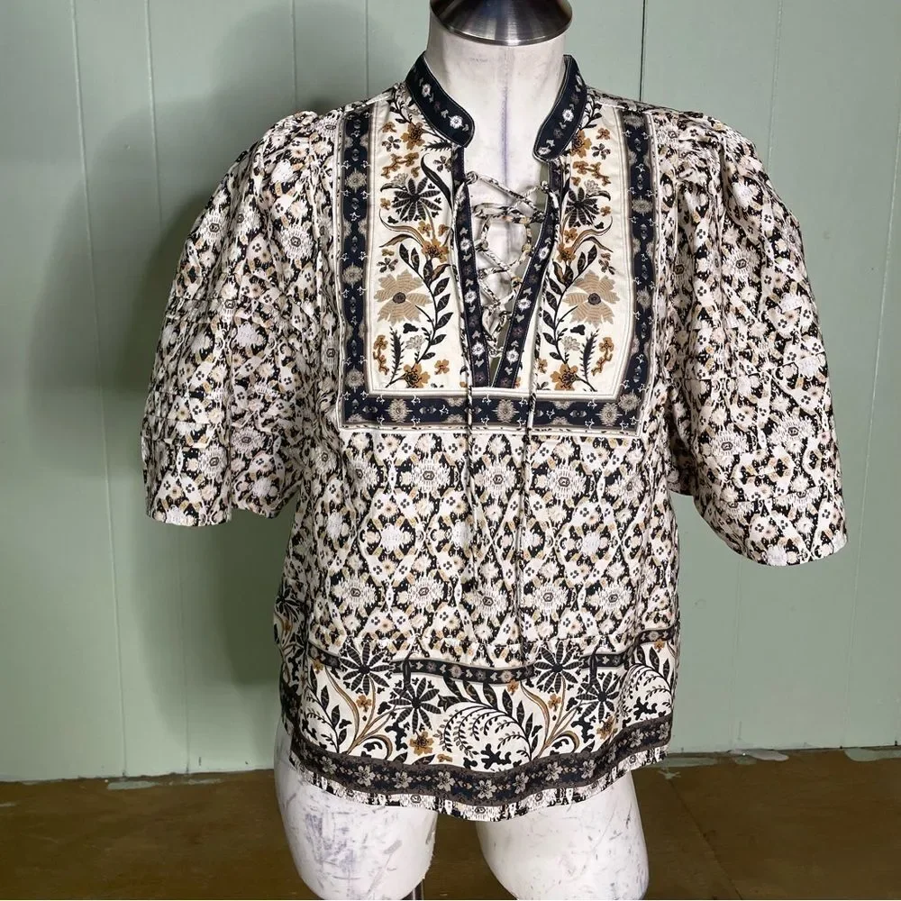 Anthropologie‎ Puff Sleeve Lace Boho Western peasant blouse size Small